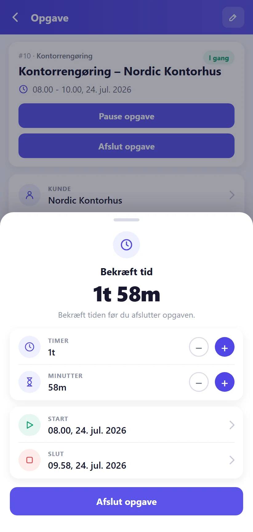 Bekræft tid i TaskPlus-appen: den registrerede tid vises, før opgaven afsluttes