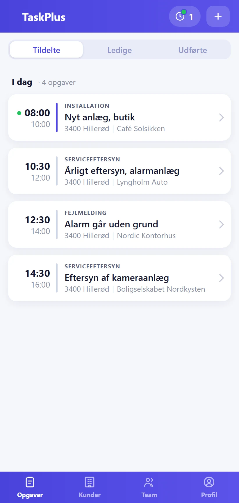 Dagens opgaver i TaskPlus-appen for en sikringstekniker: installation, eftersyn, fejlmelding og kameraanlæg
