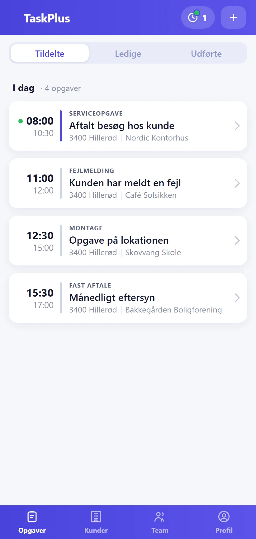 Dagens opgaver i TaskPlus-appen: aftalte besøg, en fejlmelding, en montage og et fast eftersyn