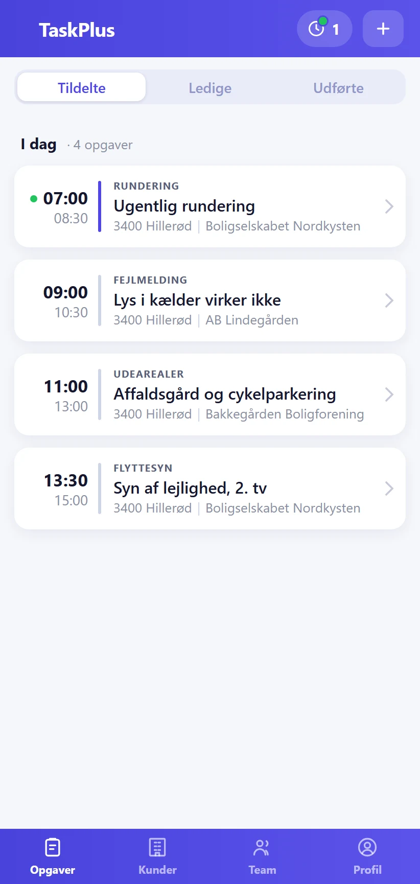 Dagens opgaver i TaskPlus-appen for en vicevært: rundering, kælderlys, affaldsgård og flyttesyn