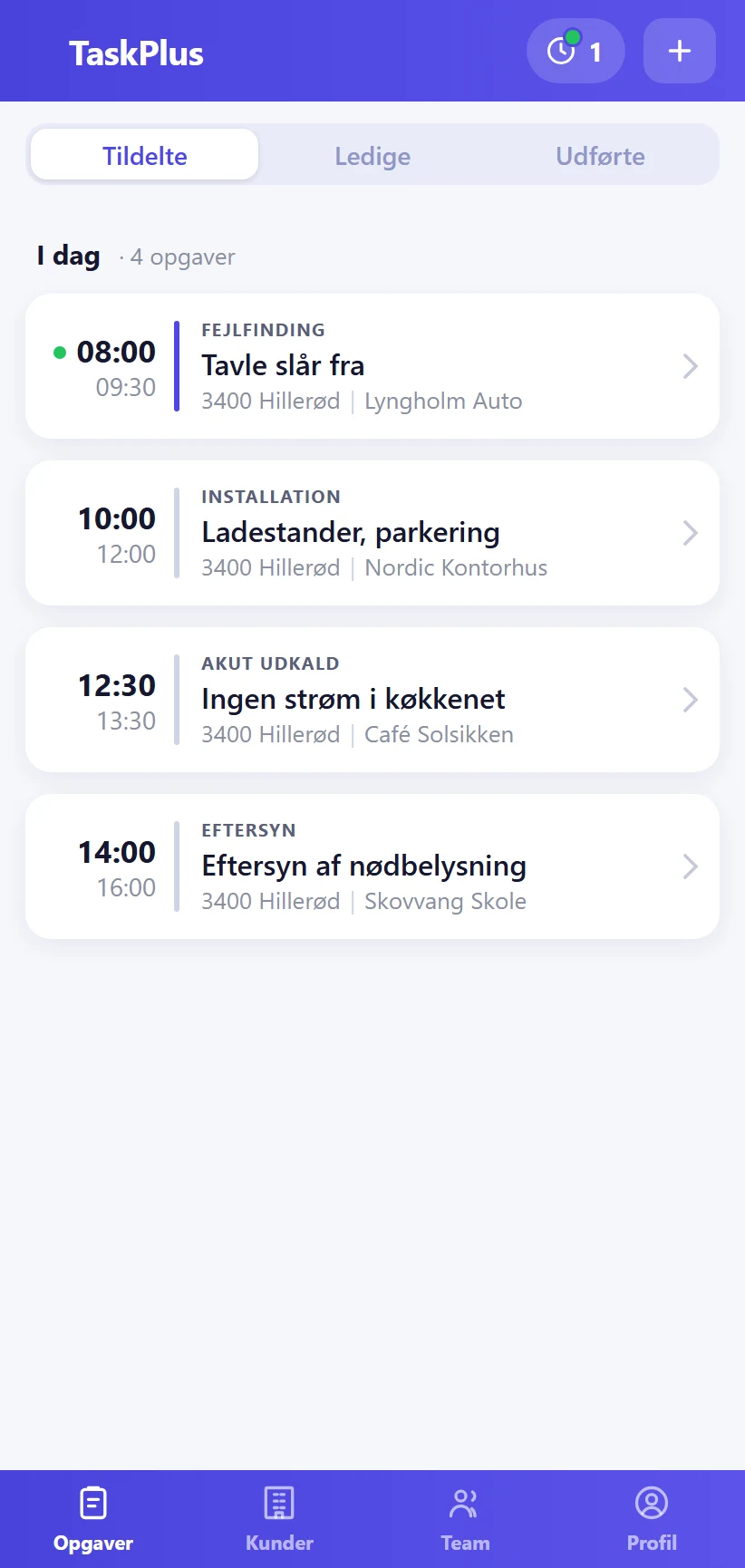 Dagens opgaver i TaskPlus-appen for en elektriker: fejlfinding, ladestander, akut udkald og nødbelysning