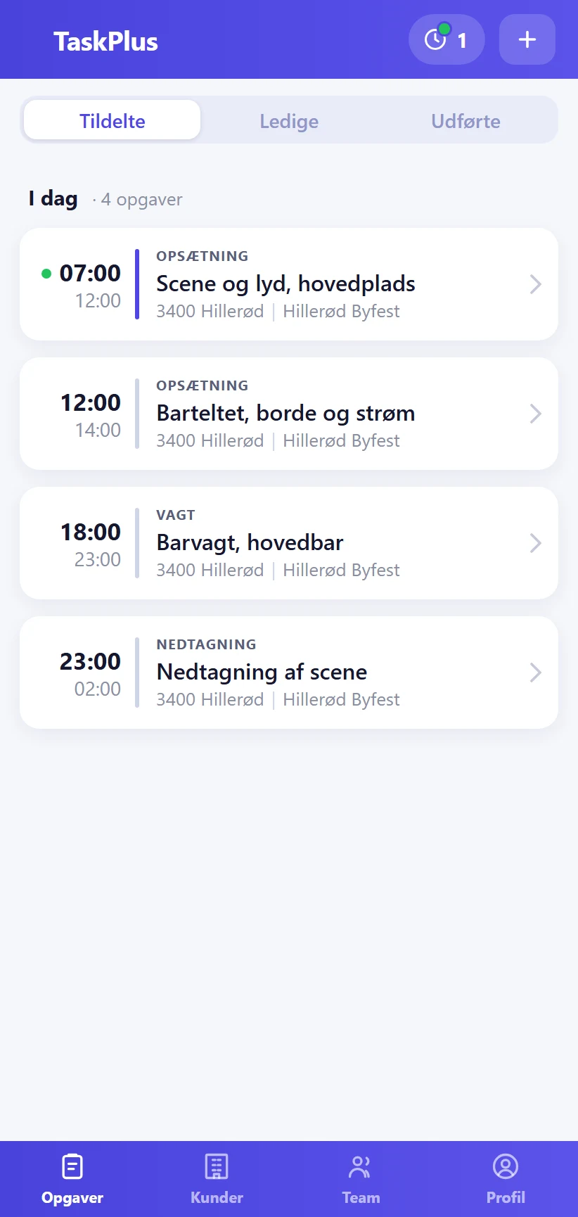 Dagens opgaver i TaskPlus-appen til en byfest: scene og lyd, bartelt, barvagt og nedtagning