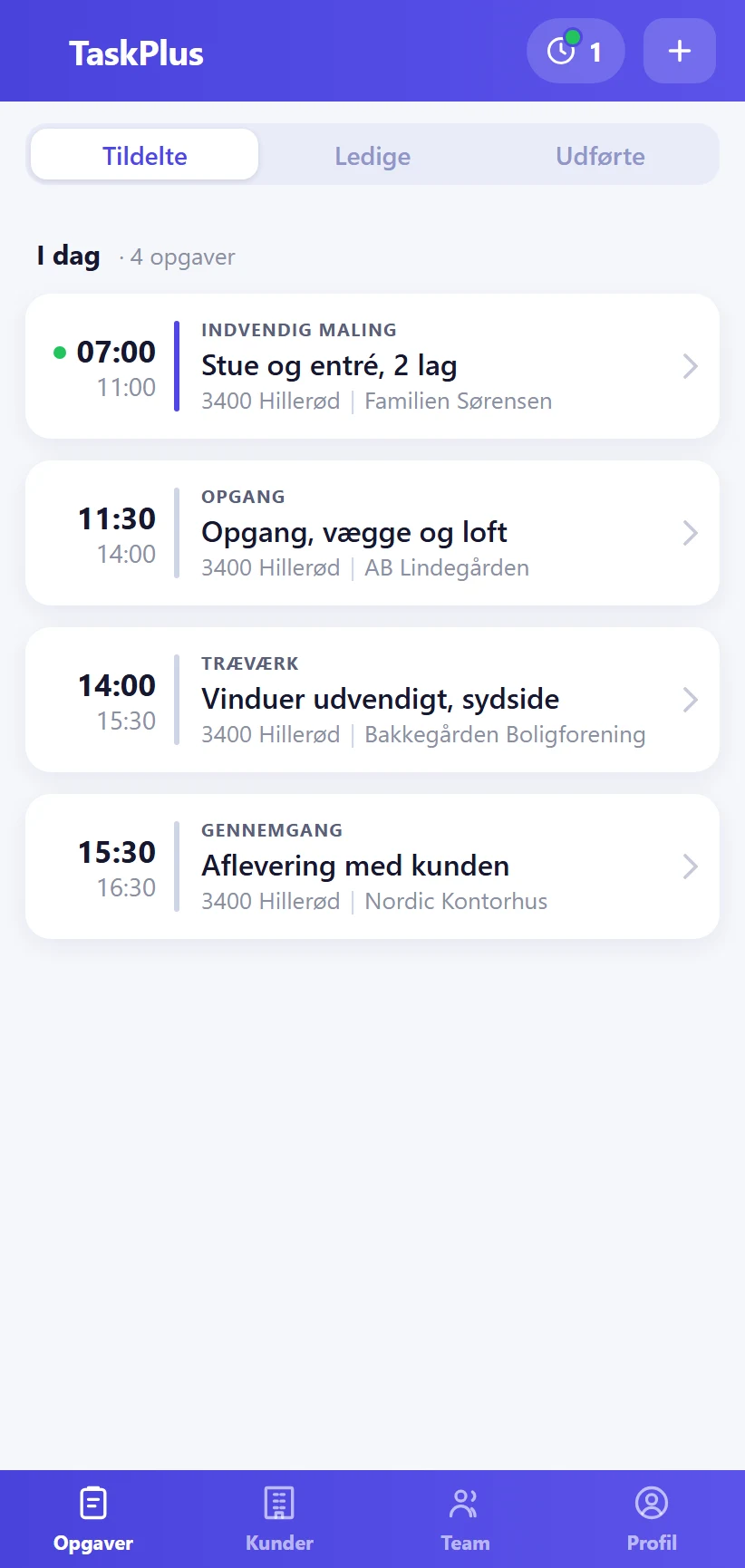 Dagens opgaver i TaskPlus-appen for en maler: stue og entré, opgang, vinduer og aflevering