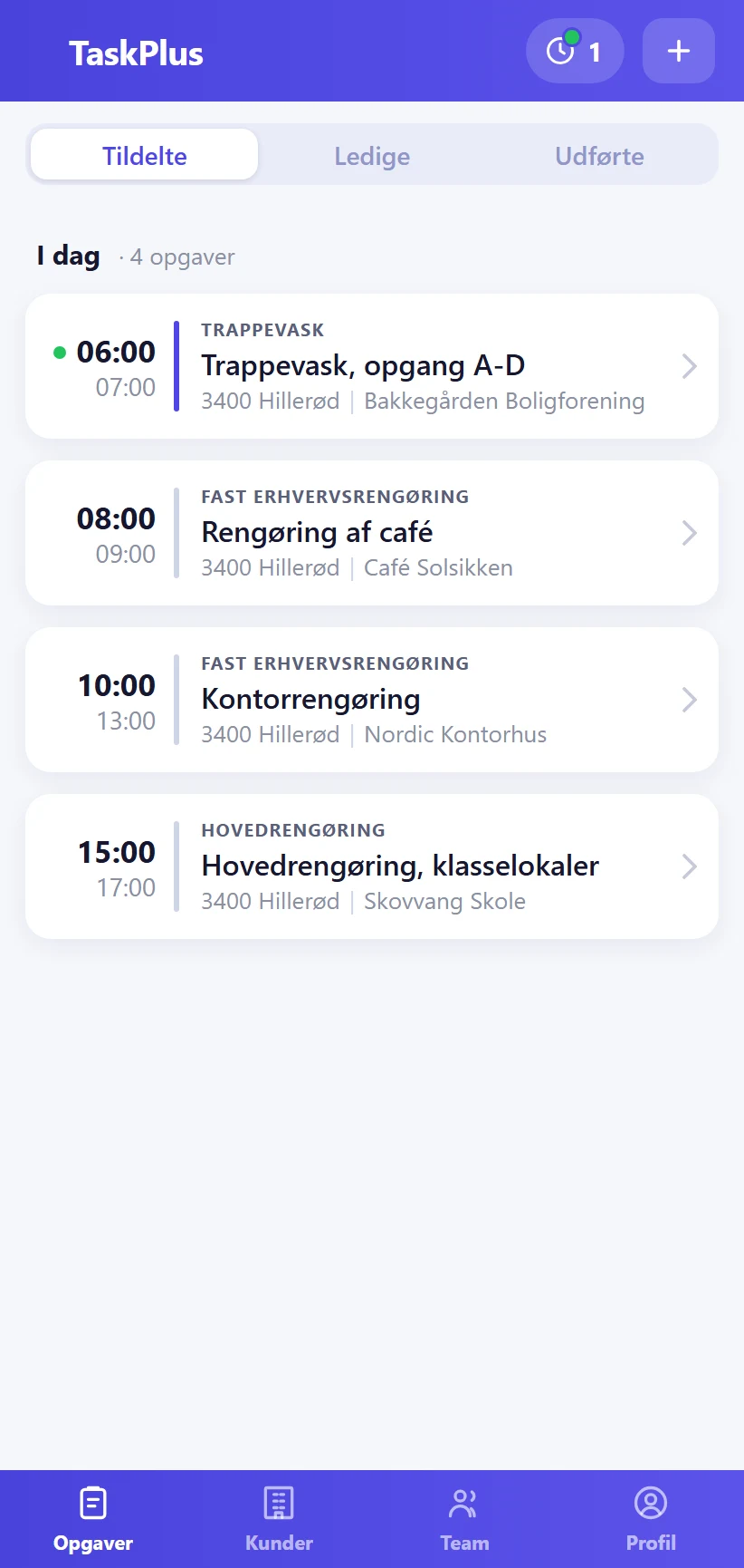 Dagens opgaver i TaskPlus-appen for en rengøringsmedarbejder
