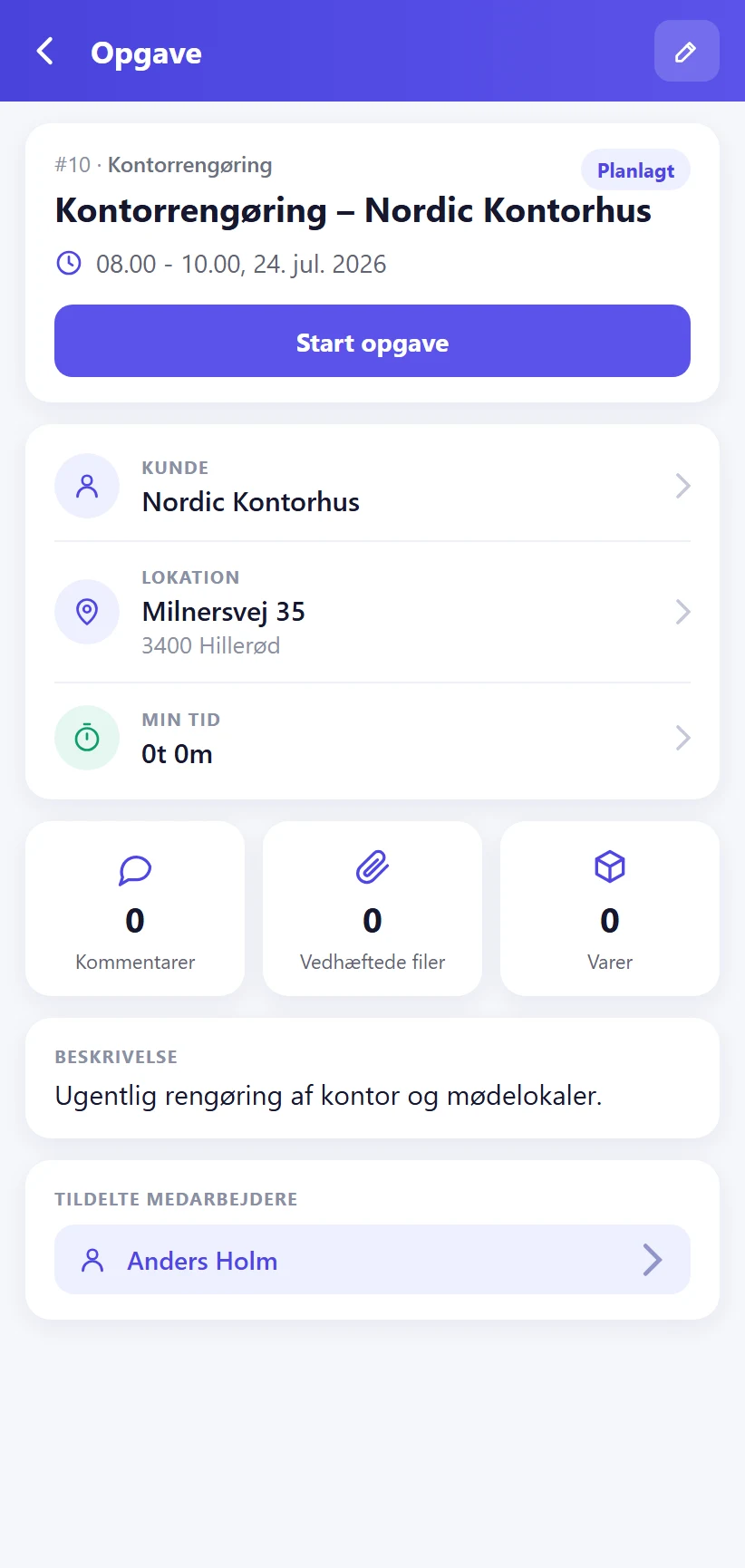 En ordre som opgave i TaskPlus-appen med kunde, adresse, tidspunkt og startknap