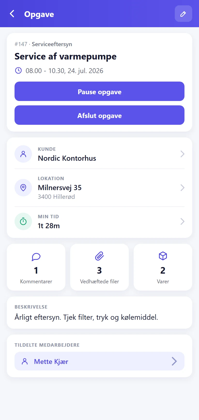 En afsluttet opgave i TaskPlus-appen med billeder, noter og underskrift